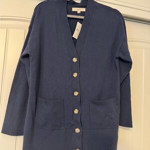 LOFT Navy Long V-Neck Button Cardigan with Pockets